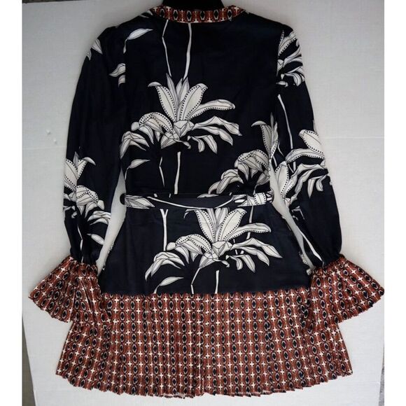 CIEBON Women's Sz M Black Multi Edda Pleated Tie Neck L/S Satin Mini Dress - Picture 2 of 9